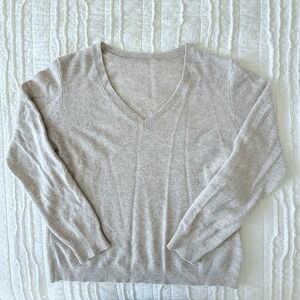Nordstrom Cashmere Sweater Womens L Large Oatmeal V Neck Pullover